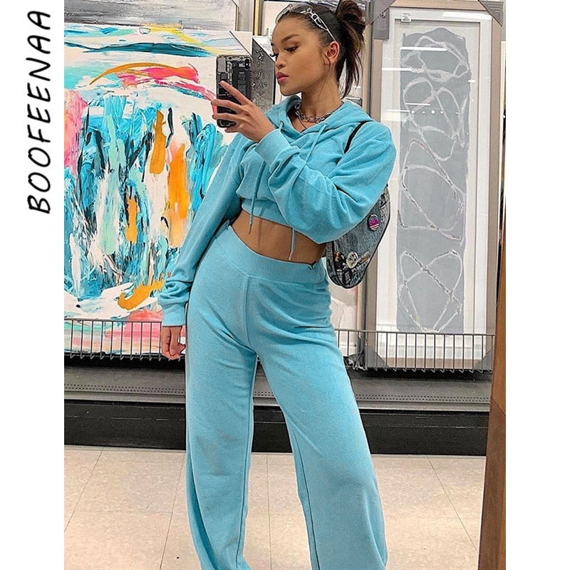 Two Piece Set Women Autumn Pants Set Long Sleeve Hoodie Crop Tops