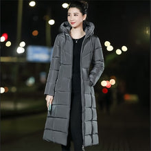Load image into Gallery viewer, Solid Long Hooded Thick Slim Down Coat Women Long Sleeve Zipper Pockets Jackets Female Fashion Elegant Outwears M-6XL Plus Size
