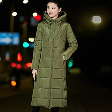 Load image into Gallery viewer, Solid Long Hooded Thick Slim Down Coat Women Long Sleeve Zipper Pockets Jackets Female Fashion Elegant Outwears M-6XL Plus Size