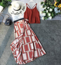 Load image into Gallery viewer, Summer Two Piece Set Women Sexy V Neck Blouse Tank Tops + Vintage Geometry Bandage Skirt Suits Woman Beach 2 Pcs Outfit Clothes